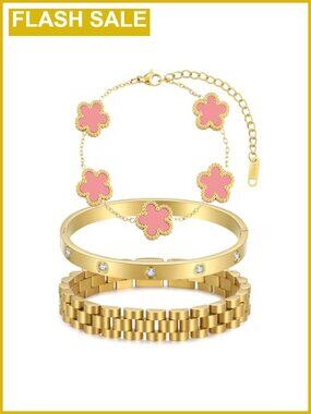 Stackable Four Leaf Clover Bracelets Women 18K Gold Plated Bangle Set